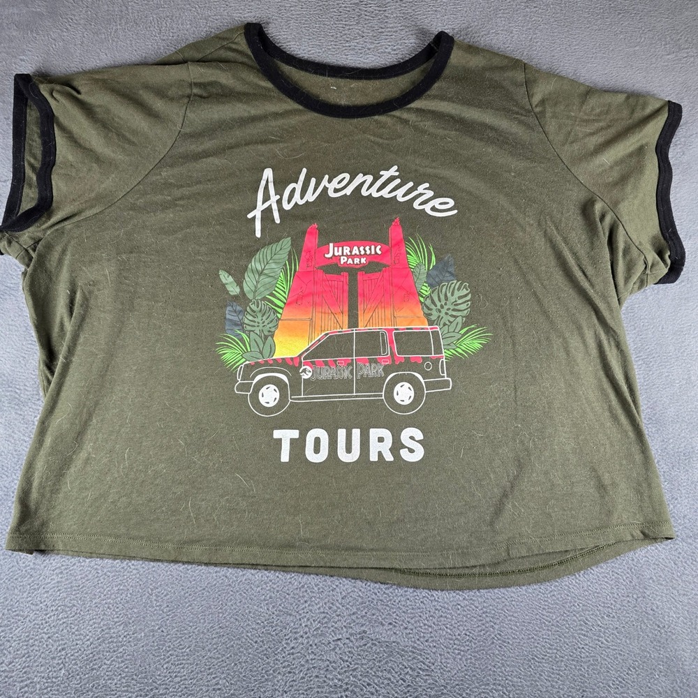 Jurassic Park Adventure Tours Ringer Graphic T-Shirt Olive Green Boxy Crop Top